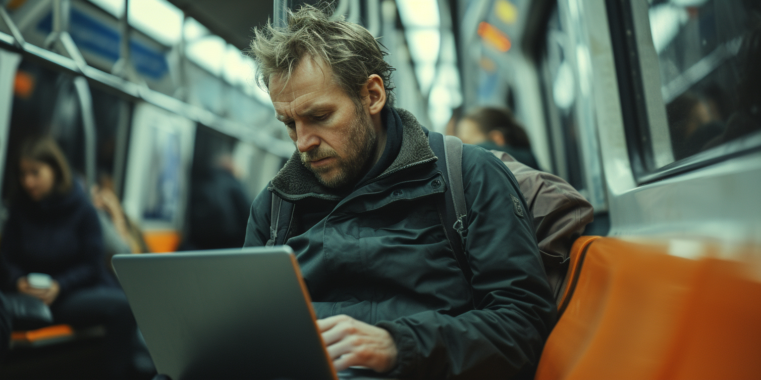 En stressad man på tunnelbanan med en dator